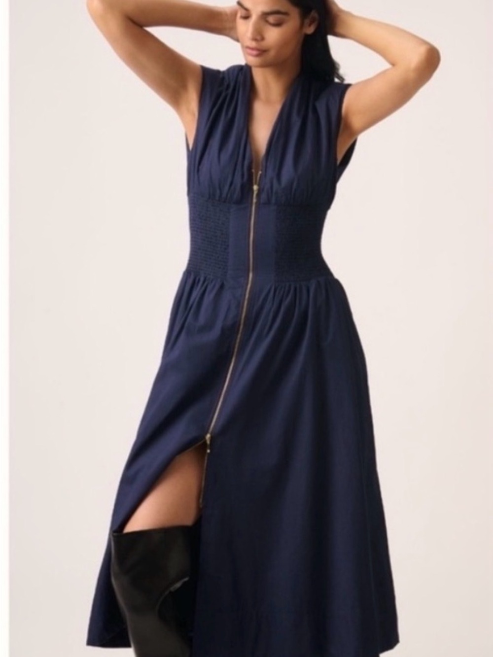 Anthropologie The Tommie Navy Zip-Front Smocked Waist Midi Dress